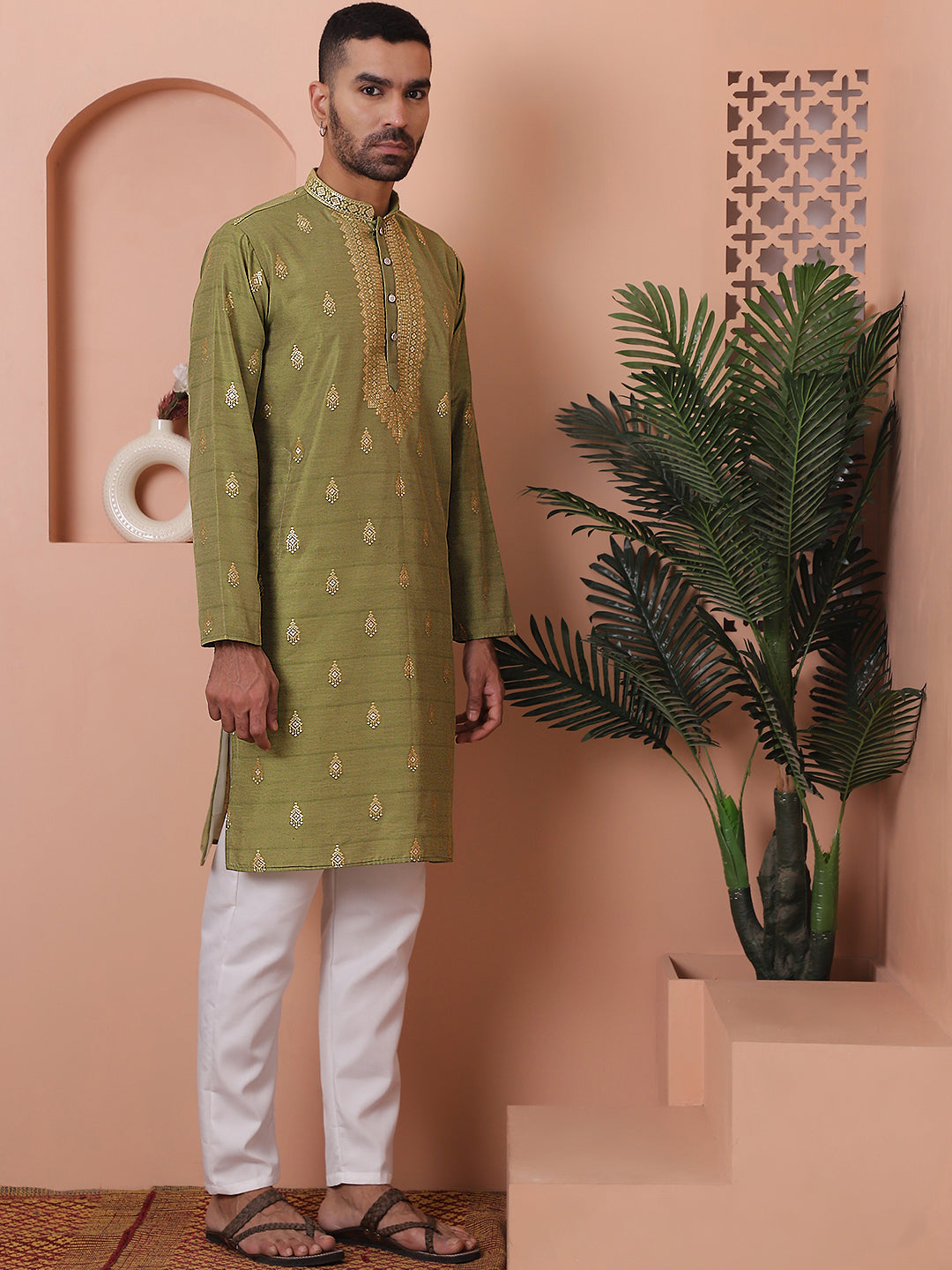 Olive Foil Printed Mens Kurta Pajama Set | Silk Cotton Blend