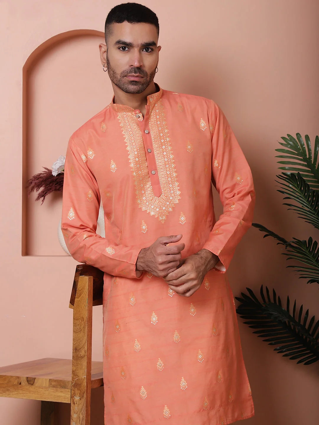 Peach Foil Printed Mens Kurta Pajama Set | Ethnic Wear