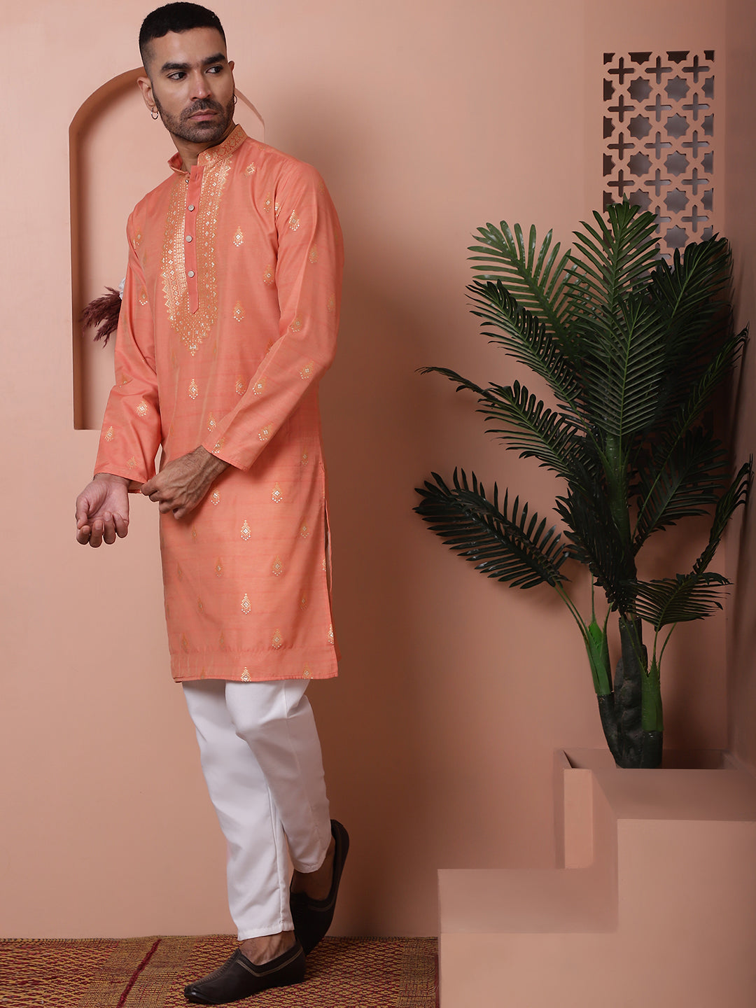 Peach Foil Printed Mens Kurta Pajama Set | Ethnic Wear