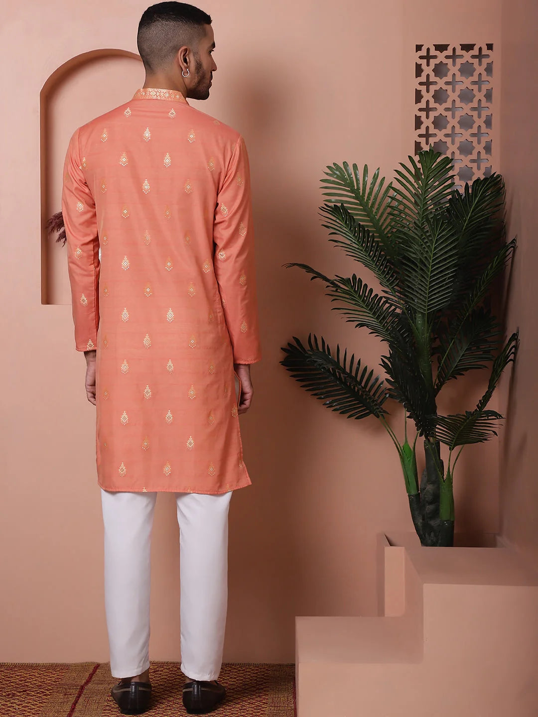 Peach Foil Printed Mens Kurta Pajama Set | Ethnic Wear