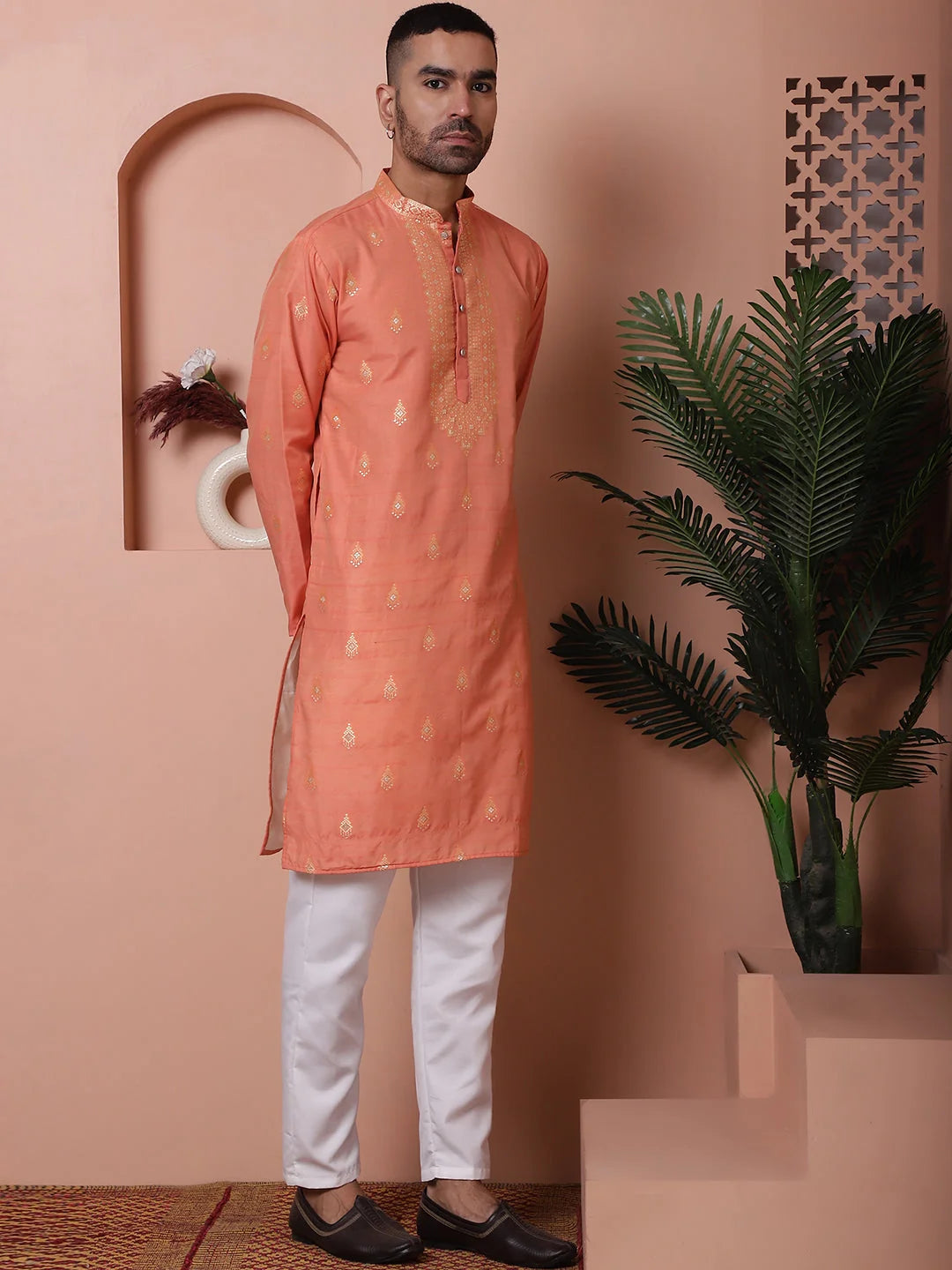 Peach Foil Printed Mens Kurta Pajama Set | Ethnic Wear