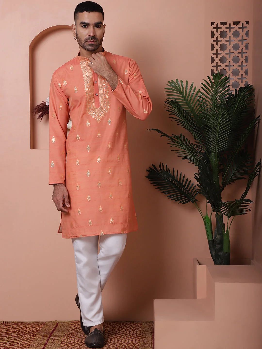 Peach Foil Printed Mens Kurta Pajama Set | Ethnic Wear