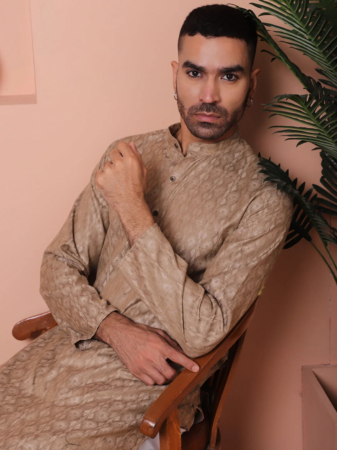 Brown Woven Design Mens Kurta Pajama Set | Cotton Kurta Pajama