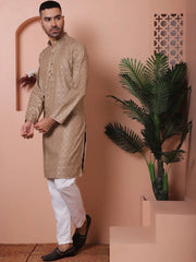 Men Brown Woven Design Cotton Kurta Pyjama Set-JOKP-P