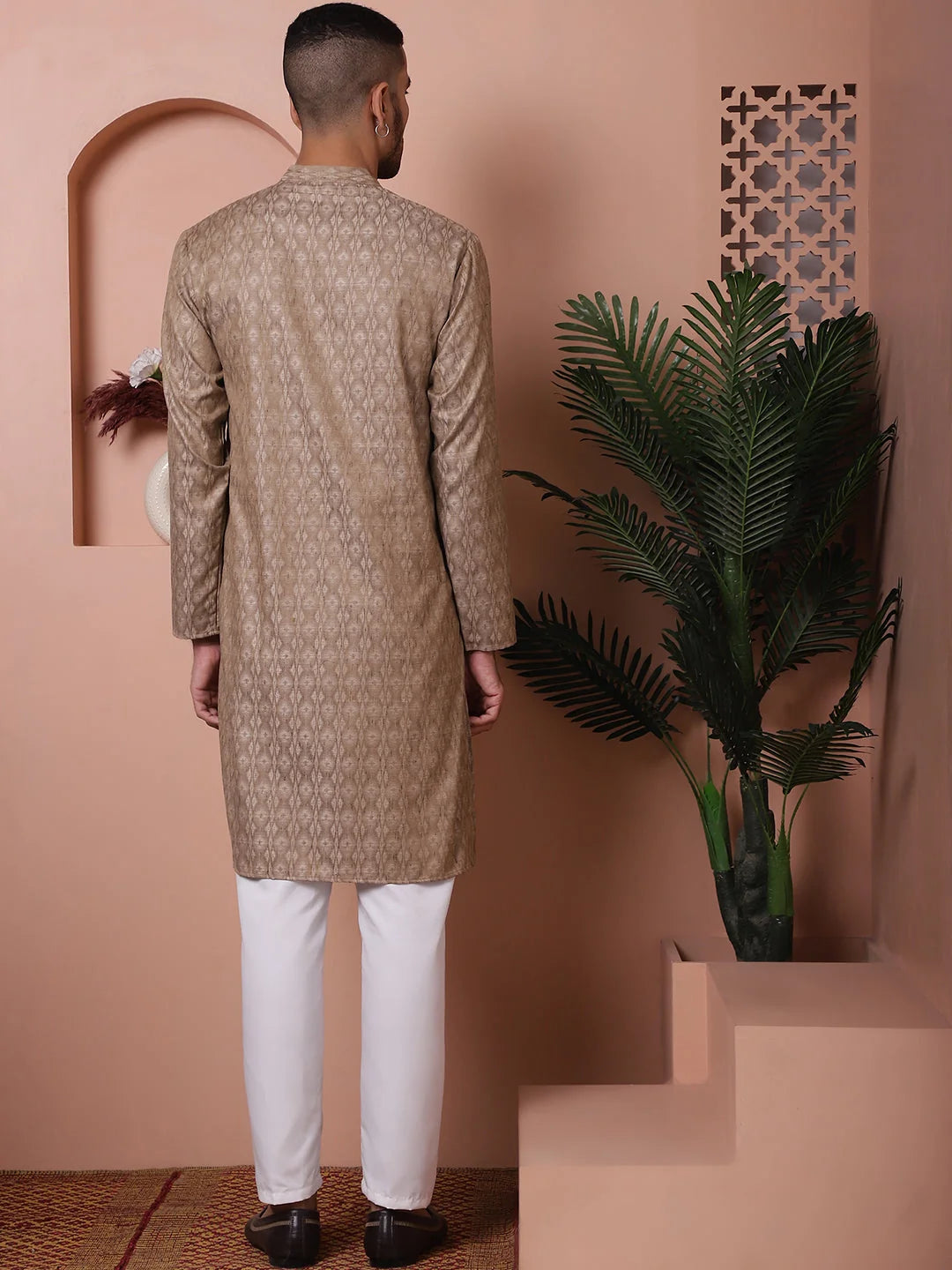 Brown Woven Design Mens Kurta Pajama Set | Cotton Kurta Pajama