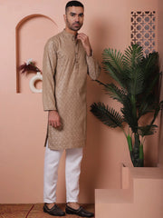 Men Brown Woven Design Cotton Kurta Pyjama Set-JOKP-P