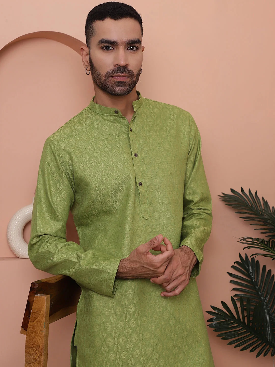 Green Woven Design Mens Kurta Pajama Set | Cotton Kurta Pajama
