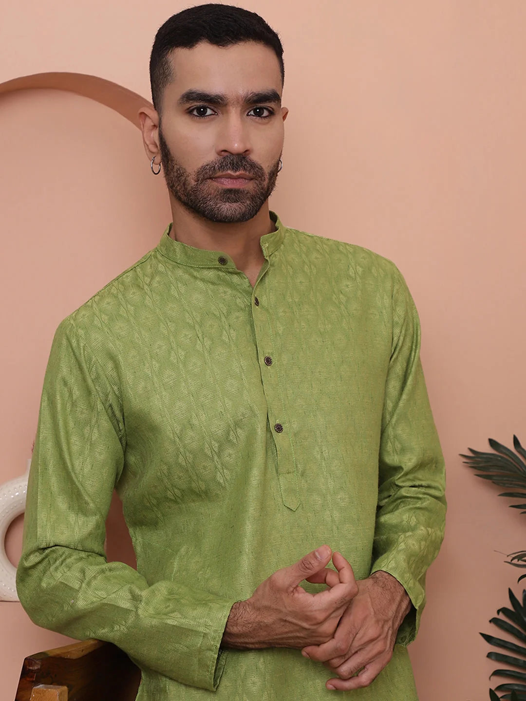 Men Green Woven Design Cotton Kurtas-KO-5068Green