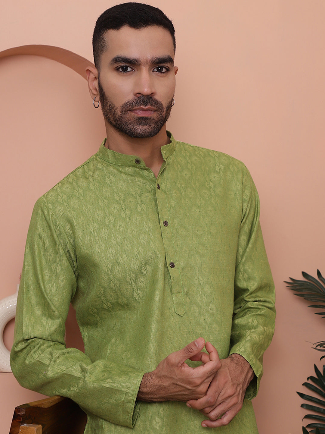 Green Woven Design Indian Kurta for Men - Cotton Mens Kurta