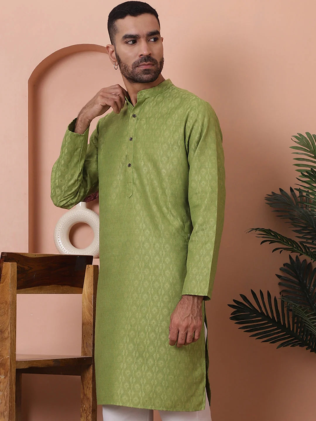 Green Woven Design Indian Kurta for Men - Cotton Mens Kurta