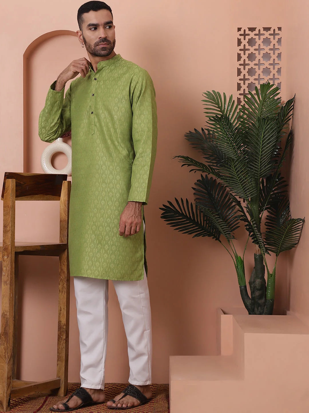 Green Woven Design Mens Kurta Pajama Set | Cotton Kurta Pajama