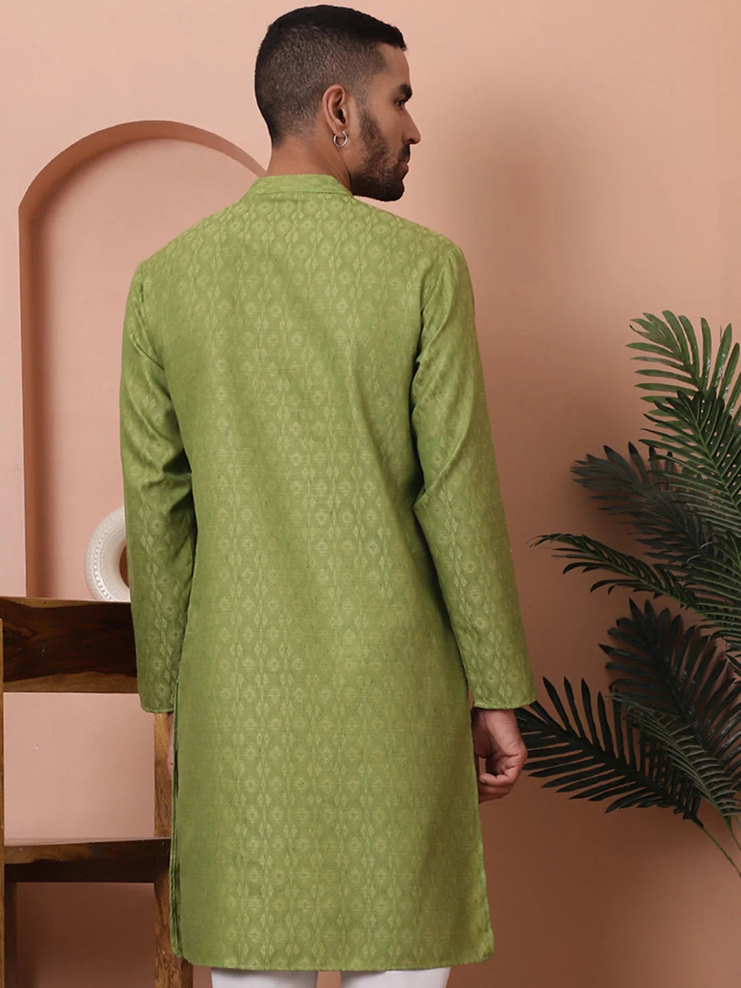 Green Woven Design Indian Kurta for Men - Cotton Mens Kurta