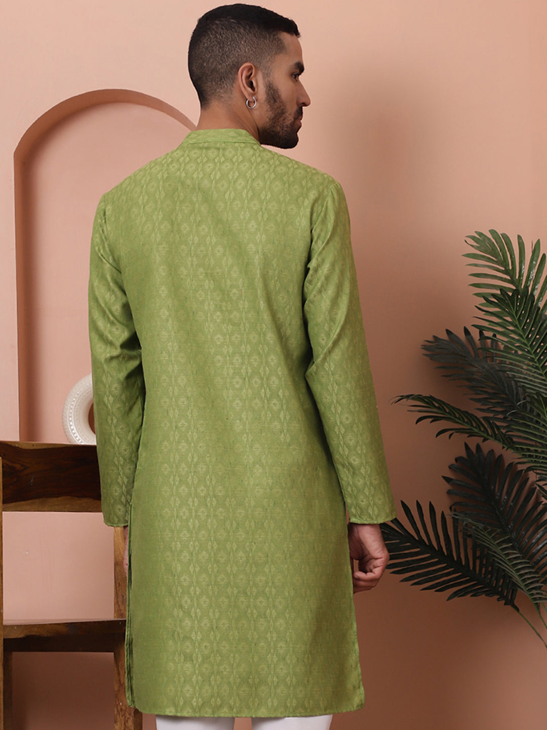 Green Woven Design Indian Kurta for Men - Cotton Mens Kurta