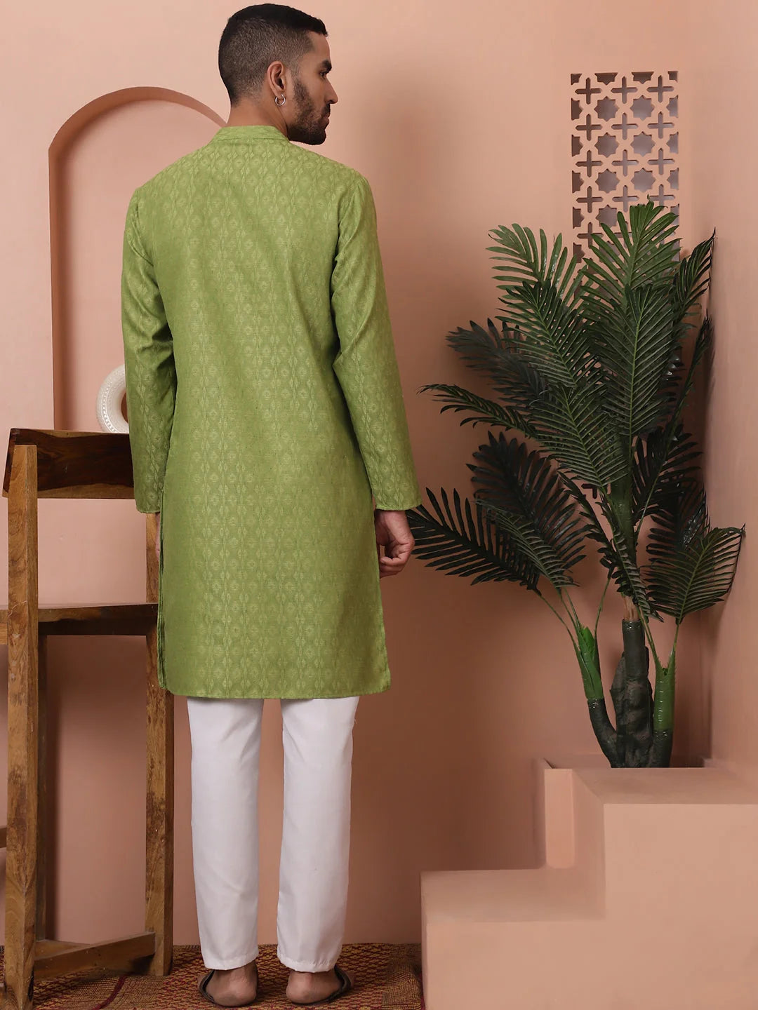 Green Woven Design Mens Kurta Pajama Set | Cotton Kurta Pajama