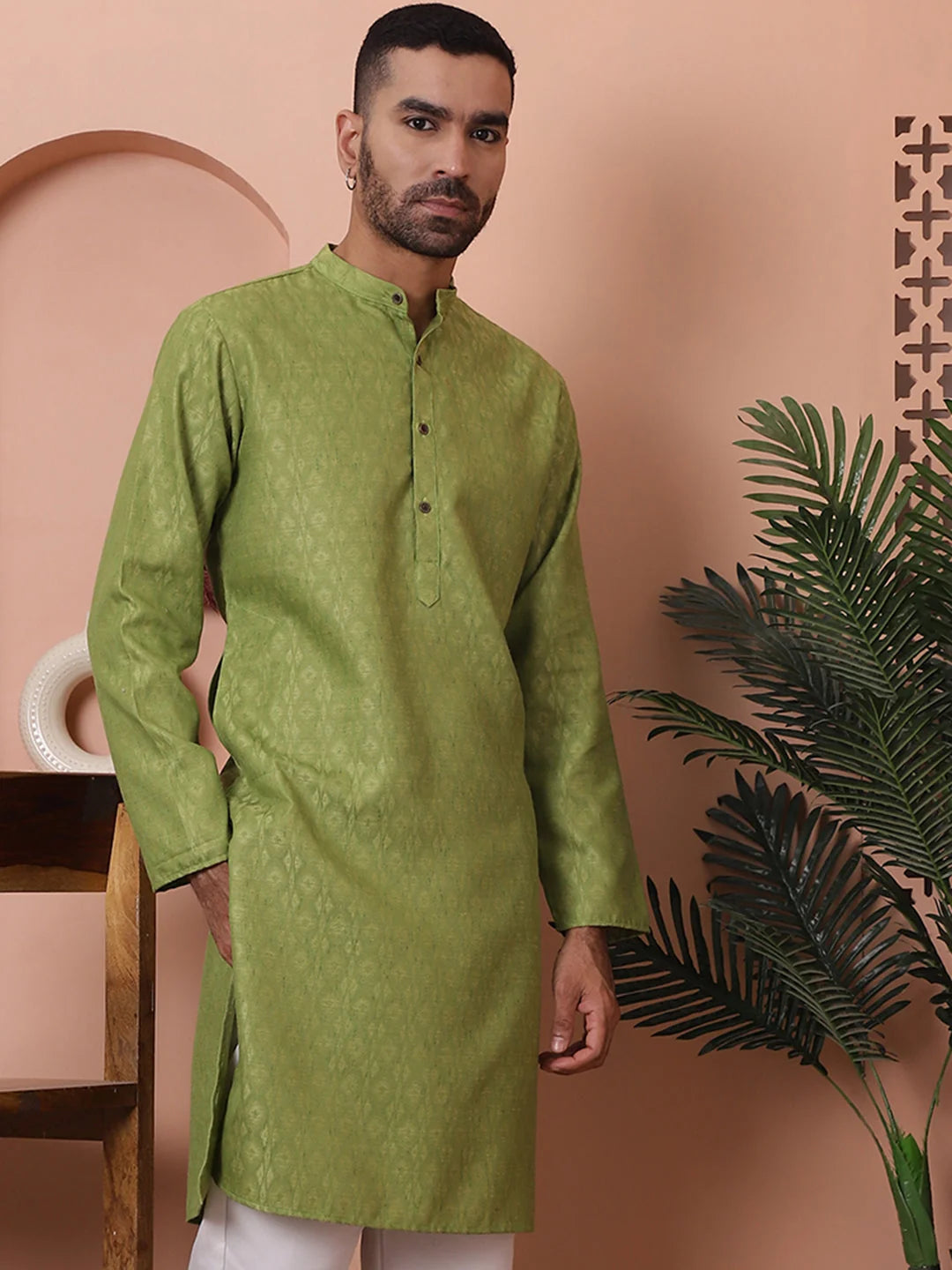 Green Woven Design Indian Kurta for Men - Cotton Mens Kurta
