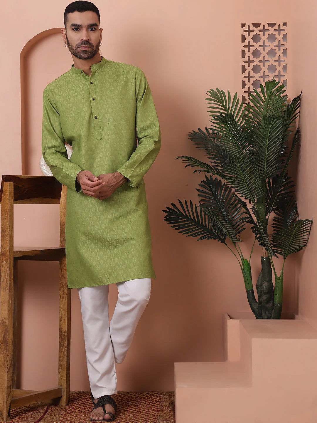 Green Woven Design Mens Kurta Pajama Set | Cotton Kurta Pajama