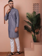 Men Grey Woven Design Cotton Kurta Pyjama Set-JOKP-P