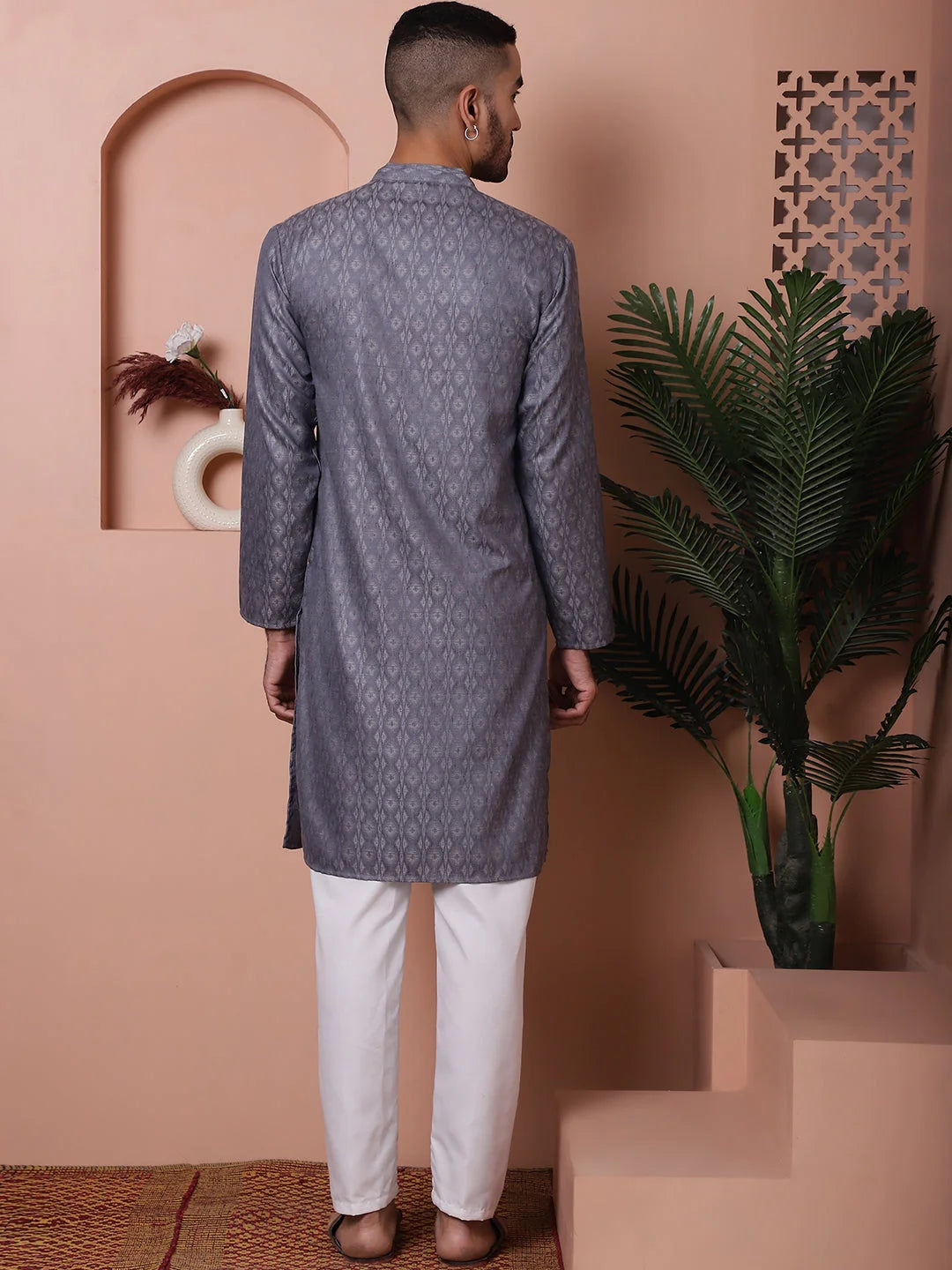 Grey Woven Design Mens Kurta Pajama Set | Cotton Kurta Pajama