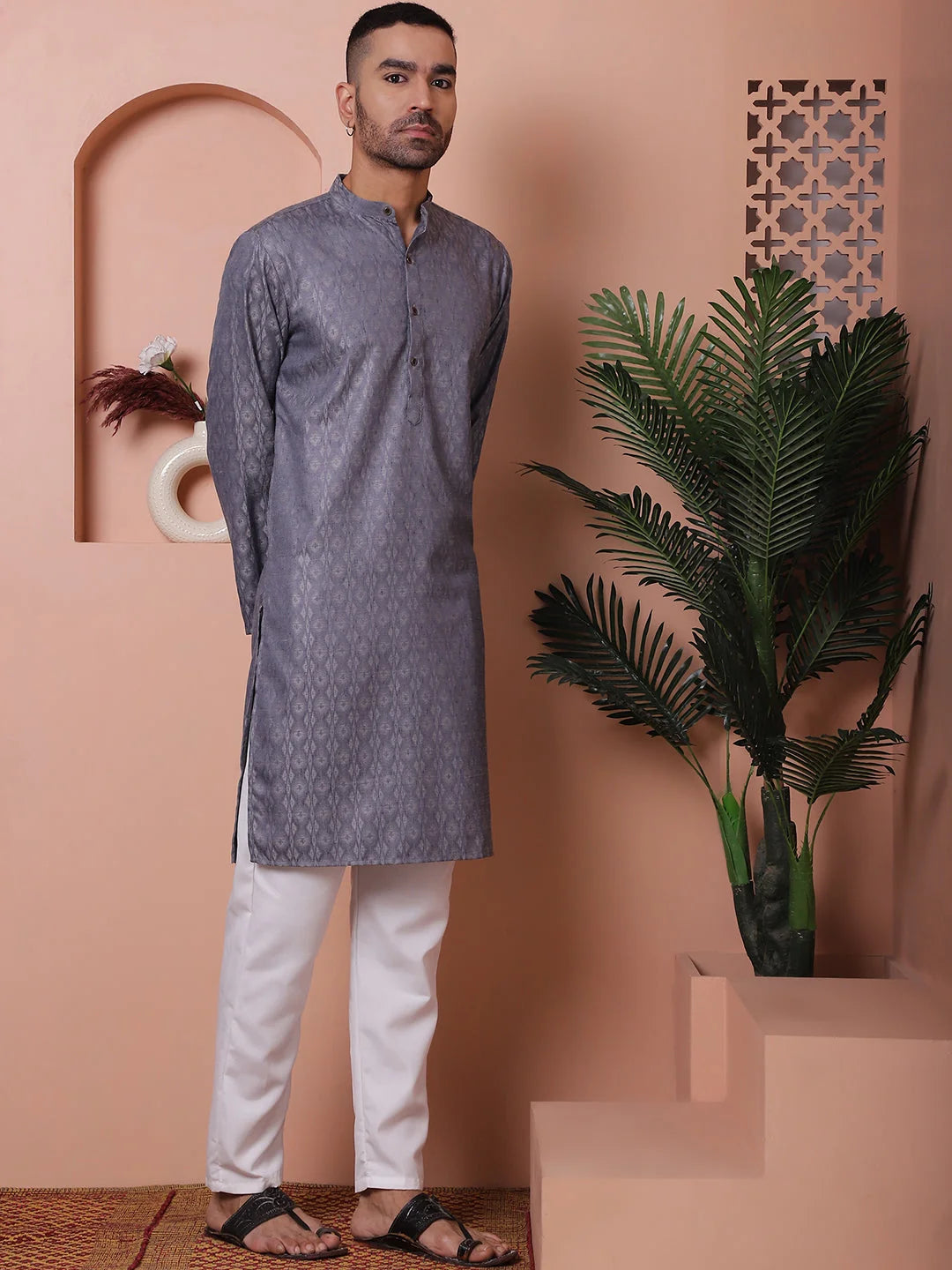 Grey Woven Design Mens Kurta Pajama Set | Cotton Kurta Pajama