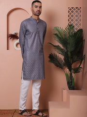 Men Grey Woven Design Cotton Kurta Pyjama Set-JOKP-P