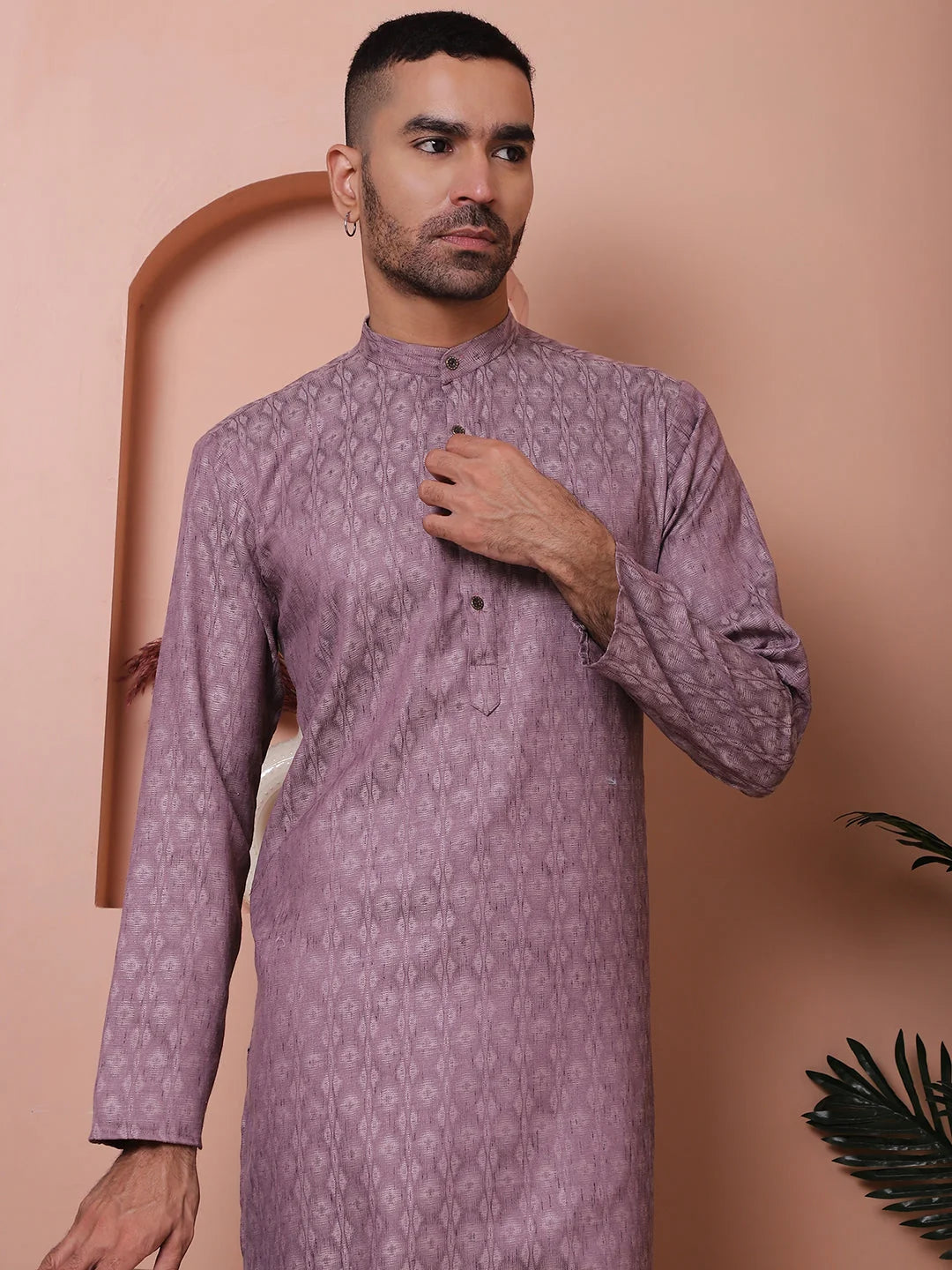 Men Purple Woven Design Cotton Kurta Pyjama Set-JOKP-P