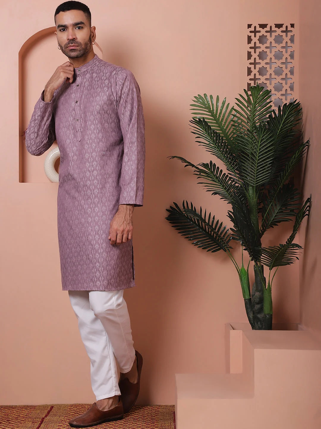 Purple Woven Design Mens Kurta Pajama Set | Cotton Kurta Pajama
