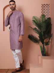 Men Purple Woven Design Cotton Kurta Pyjama Set-JOKP-P