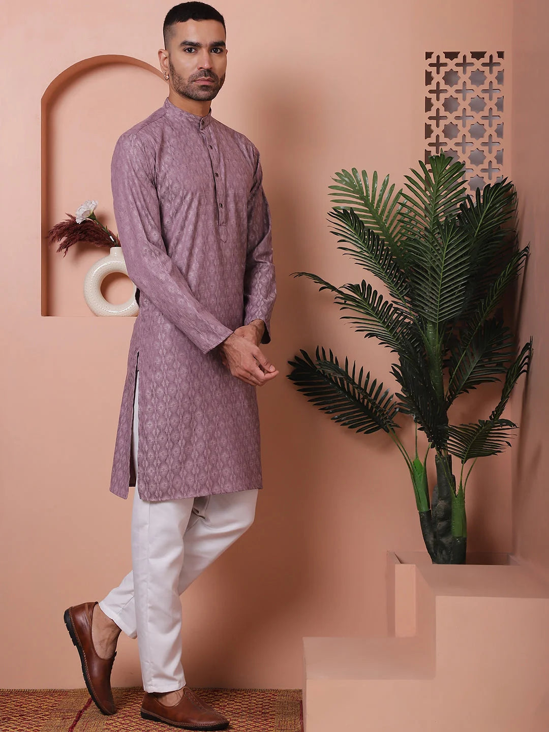 Purple Woven Design Mens Kurta Pajama Set | Cotton Kurta Pajama