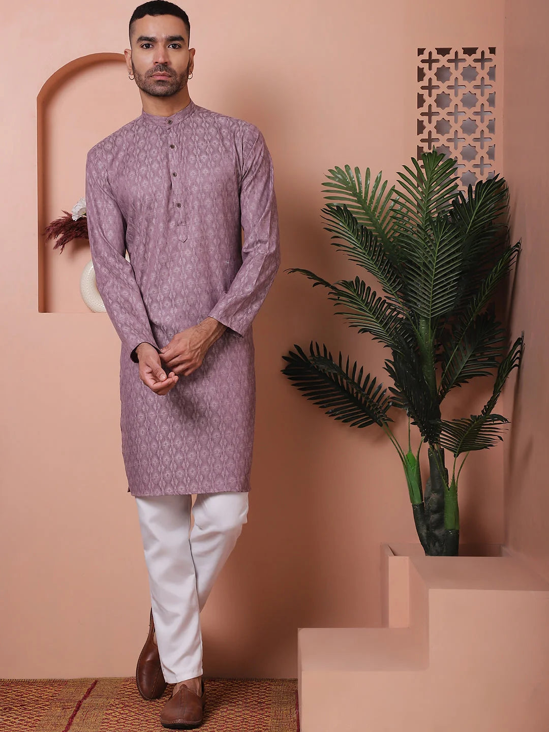 Purple Woven Design Mens Kurta Pajama Set | Cotton Kurta Pajama