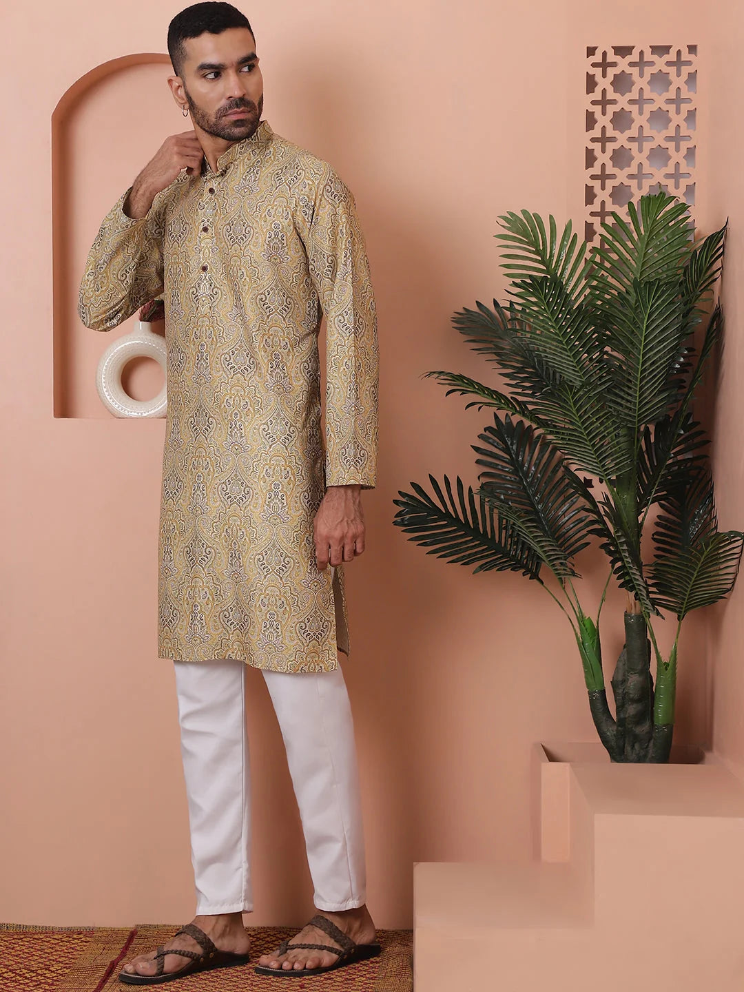 Golden Printed Mens Kurta Pajama Set | Cotton Kurta Pajama