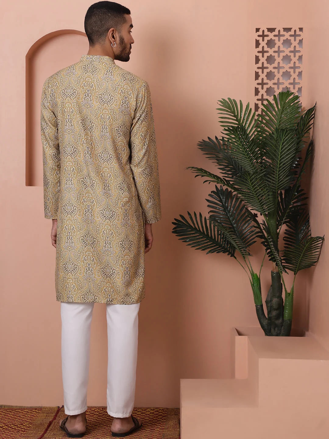 Golden Printed Mens Kurta Pajama Set | Cotton Kurta Pajama
