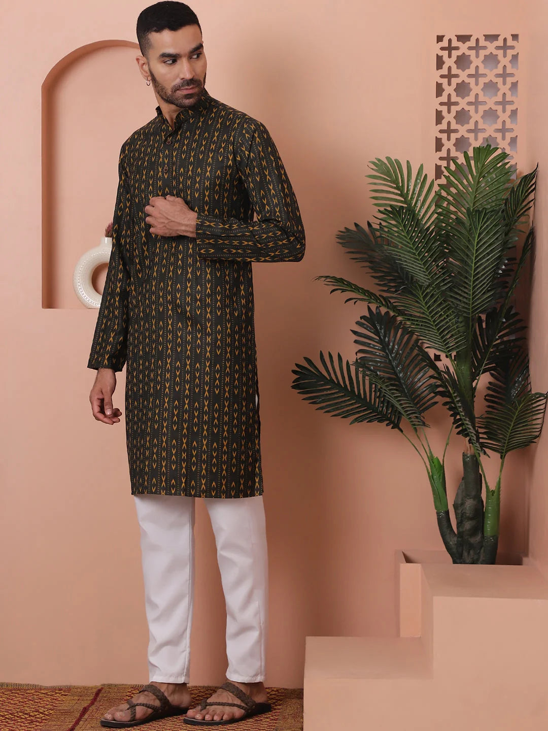 Mehndi Printed Mens Kurta Pajama Set | Cotton Kurta Pajama