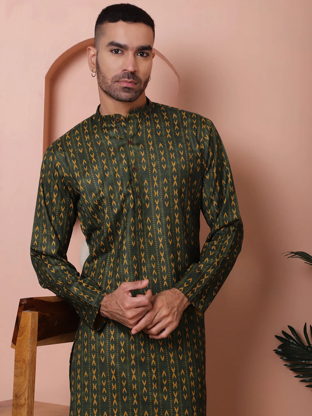 Olive Printed Mens Kurta Pajama Set | Cotton Kurta Pajama - Style 1