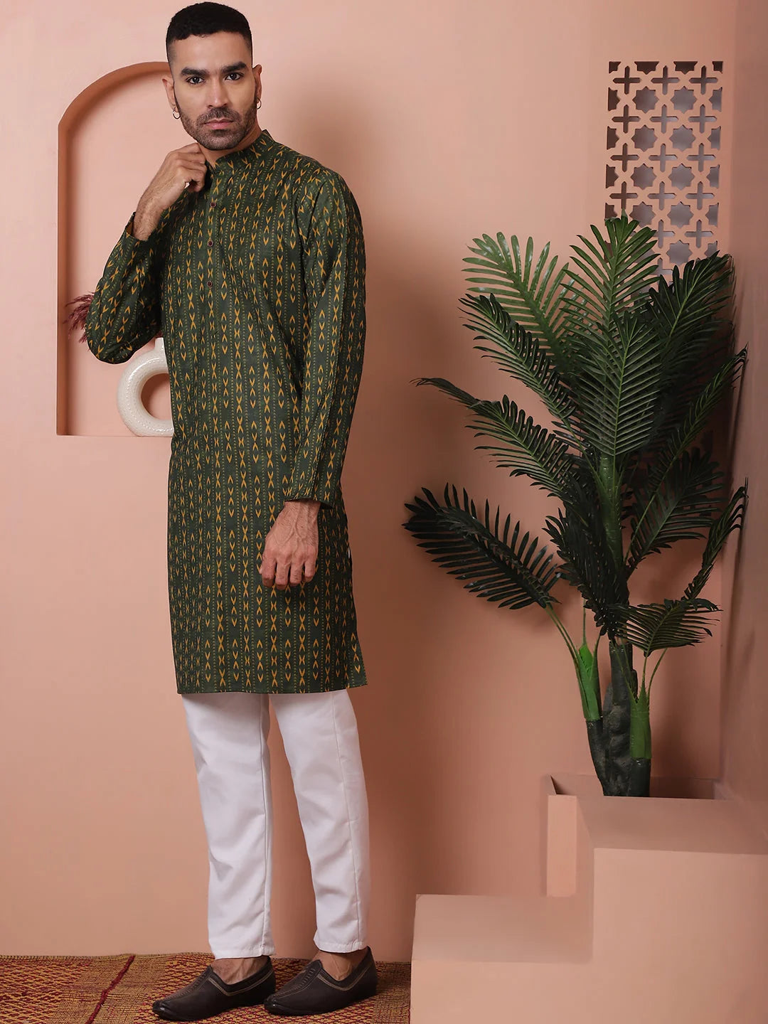 Olive Printed Mens Kurta Pajama Set | Cotton Kurta Pajama - Style 1