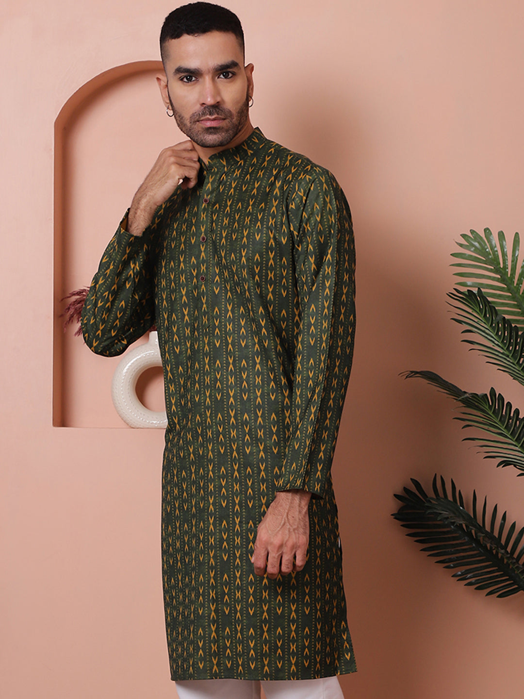 Olive Printed Mens Kurta - Cotton Indian Kurta for Men