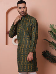 Men Printed Cotton Kurtas-KO-5069Olive