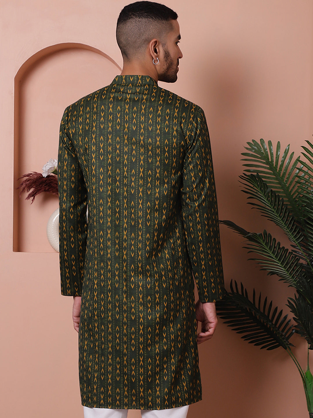 Olive Printed Mens Kurta - Cotton Indian Kurta for Men