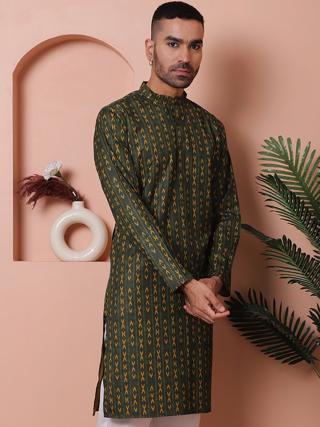 Olive Printed Mens Kurta - Cotton Indian Kurta for Men