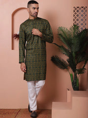Men Printed Cotton Kurtas-KO-5069Olive