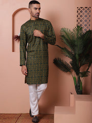 Men Printed Cotton Kurtas-KO-5069Olive