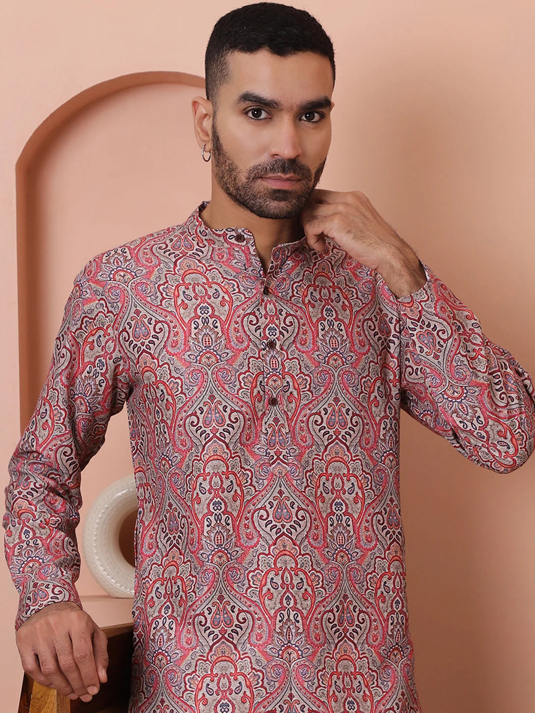 Red Printed Mens Kurta - Cotton Indian Kurta for Men