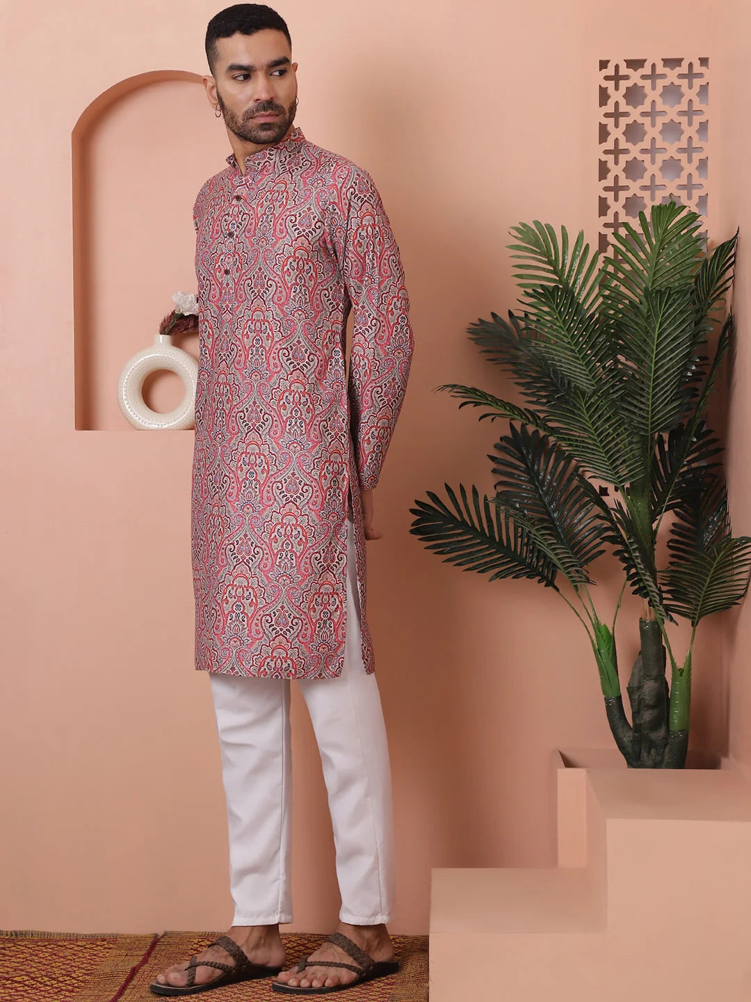 Red Printed Mens Kurta Pajama Set | Cotton Kurta Pajama
