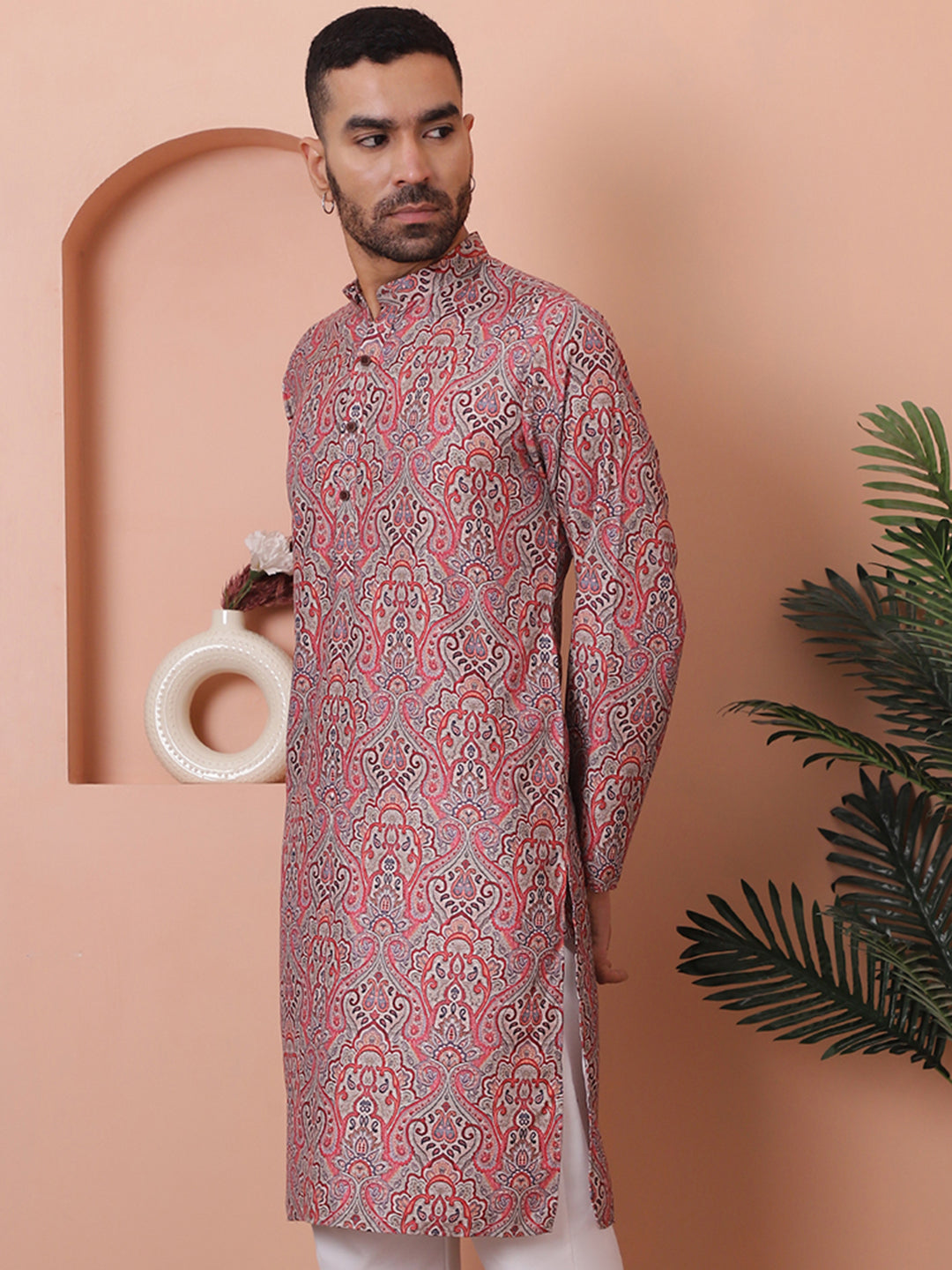 Red Printed Mens Kurta - Cotton Indian Kurta for Men