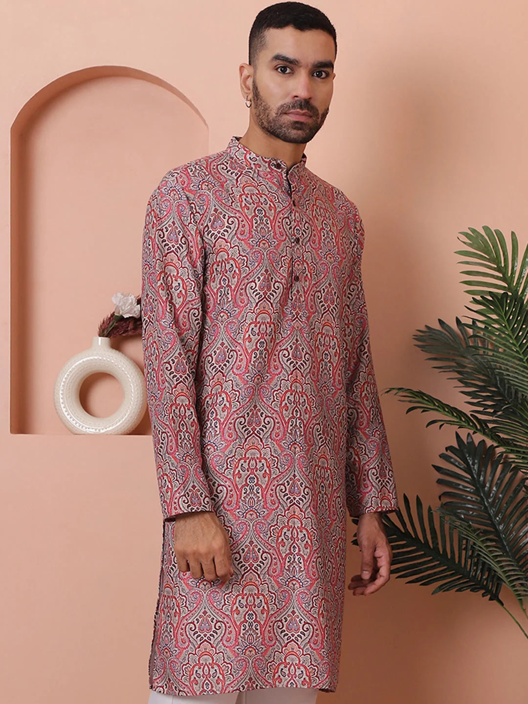 Red Printed Mens Kurta - Cotton Indian Kurta for Men
