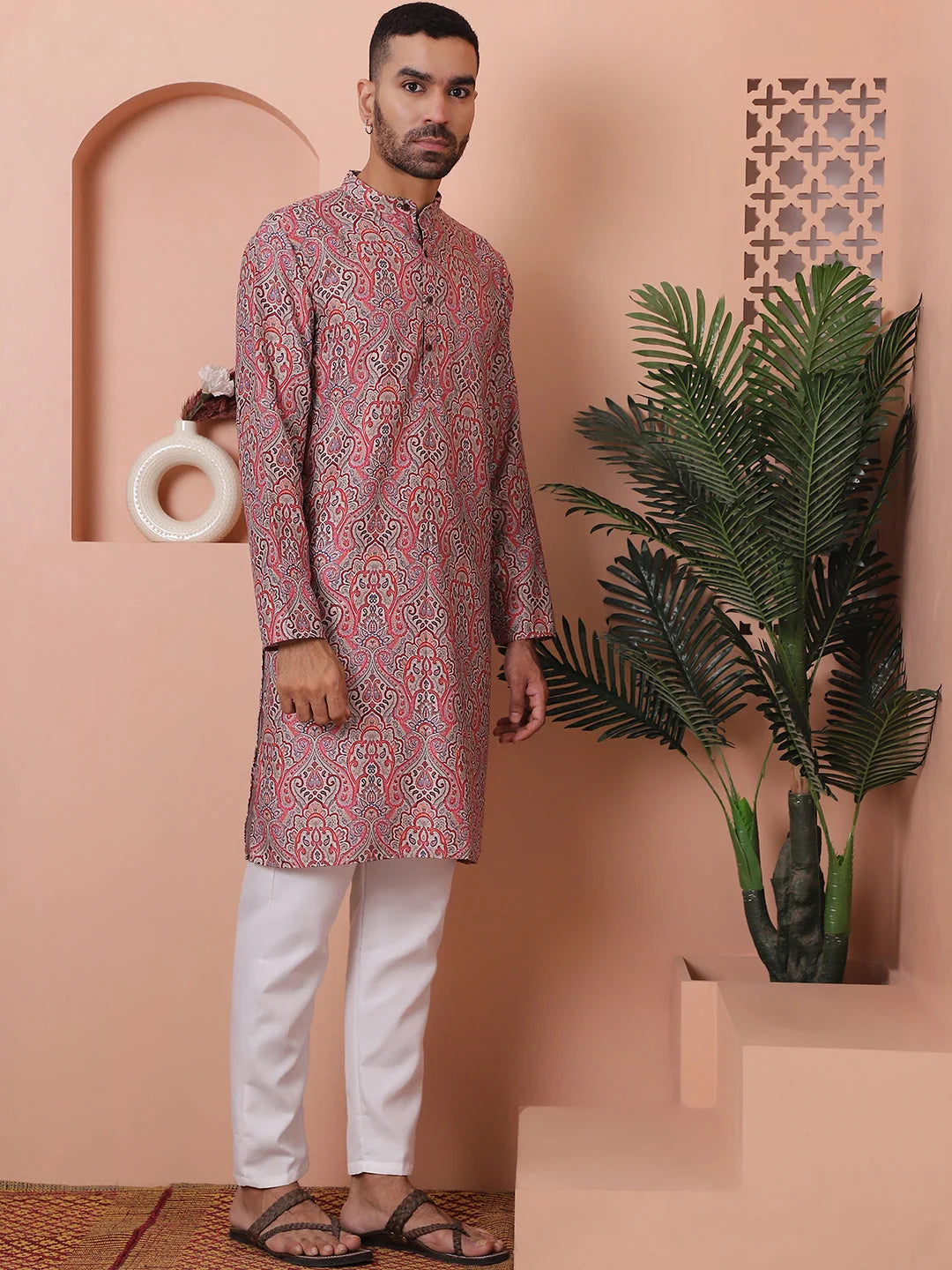 Red Printed Mens Kurta Pajama Set | Cotton Kurta Pajama
