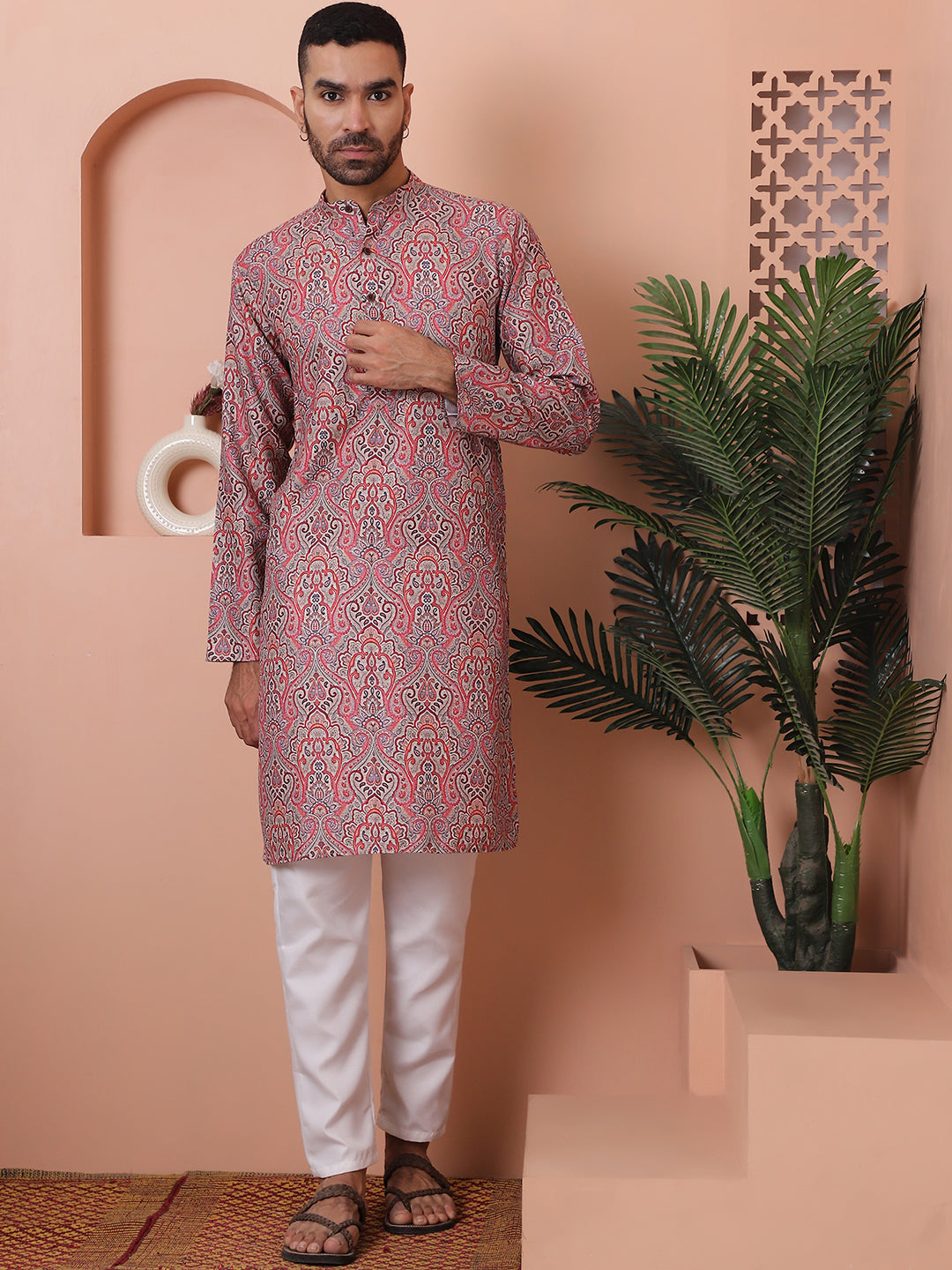 Red Printed Mens Kurta Pajama Set | Cotton Kurta Pajama