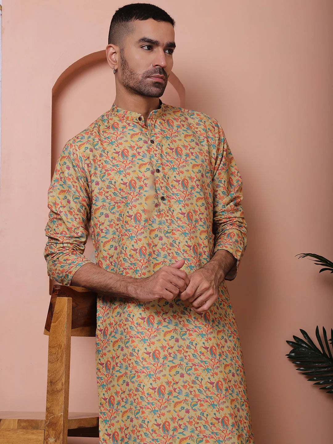 Yellow Printed Mens Kurta Pajama Set | Cotton Kurta Pajama - Style 1
