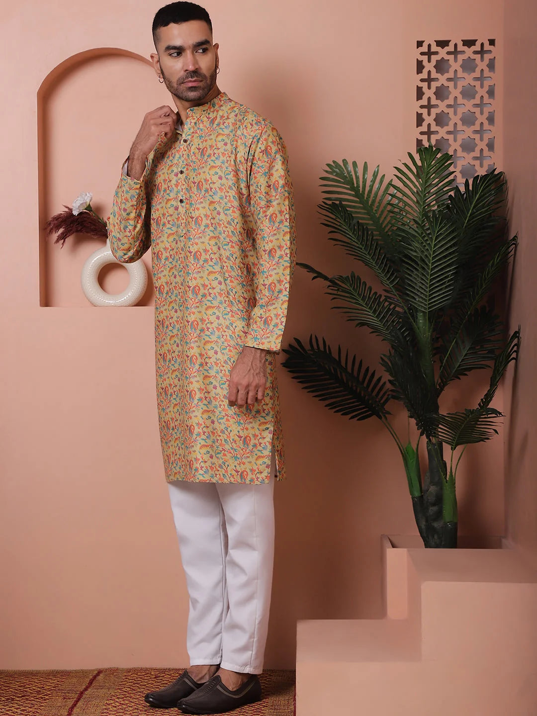 Yellow Printed Mens Kurta Pajama Set | Cotton Kurta Pajama - Style 1