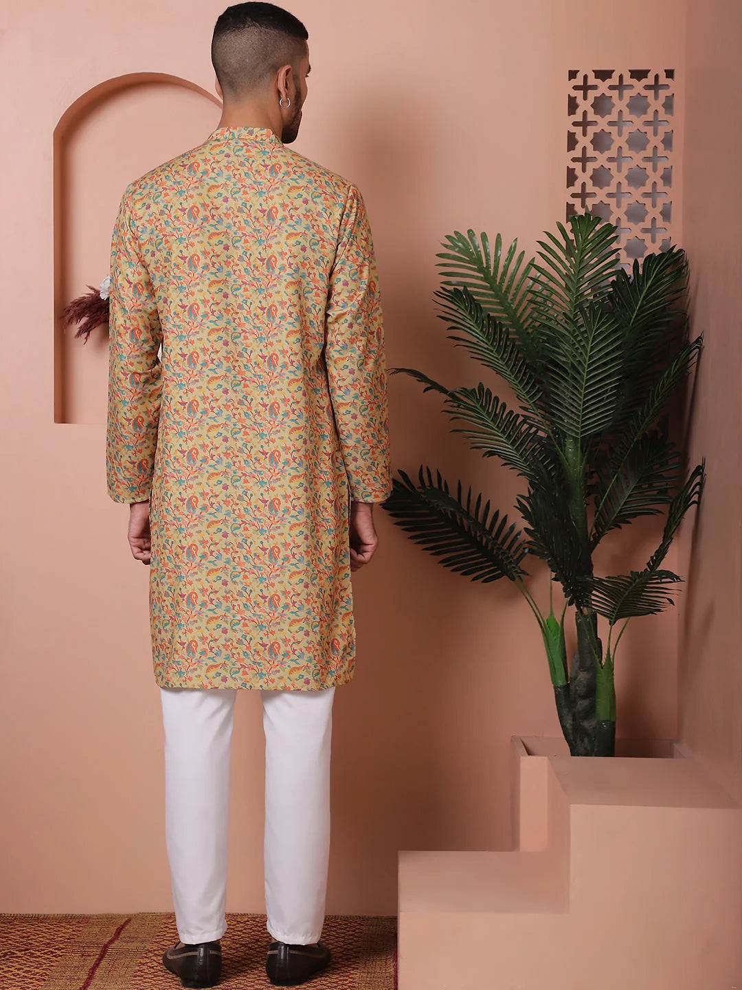 Yellow Printed Mens Kurta Pajama Set | Cotton Kurta Pajama - Style 1
