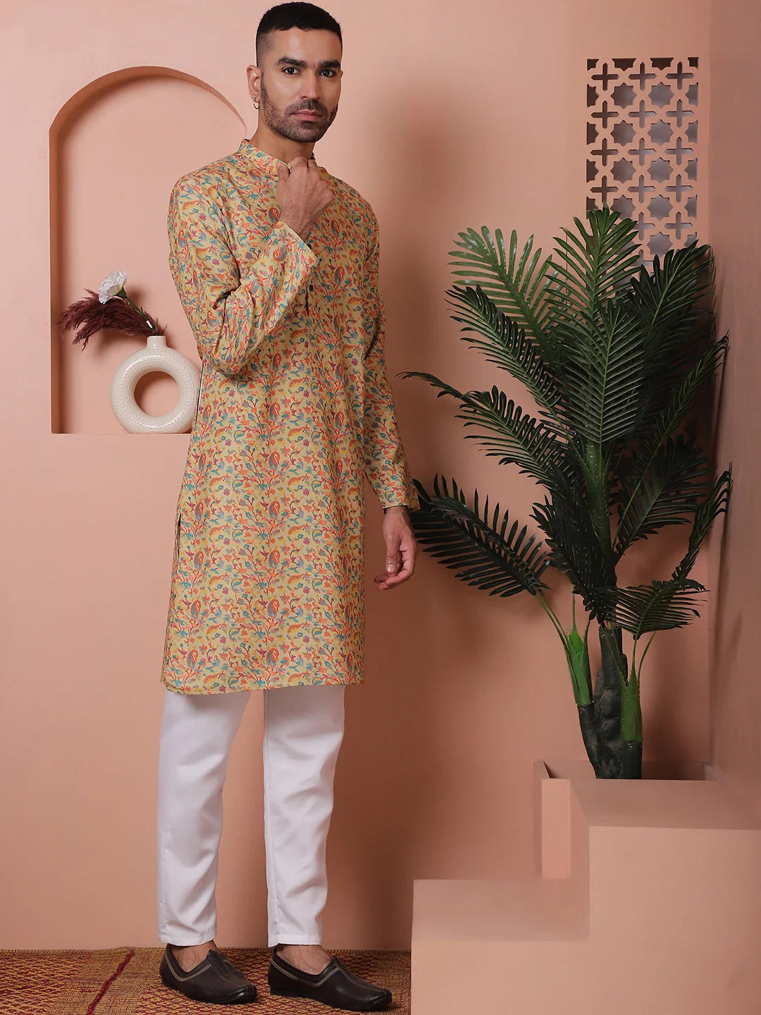 Yellow Printed Mens Kurta Pajama Set | Cotton Kurta Pajama - Style 1